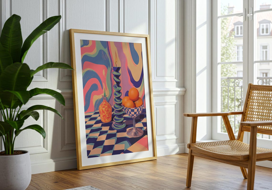 Colorful Still Life Candle Oranges Checkerboard Retro Poster - Image 3