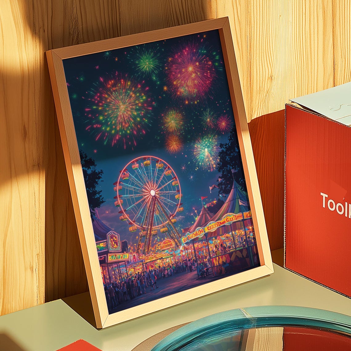 Night Carnival Fireworks Ferris Wheel Midway Lights Festival Poster - Image 5