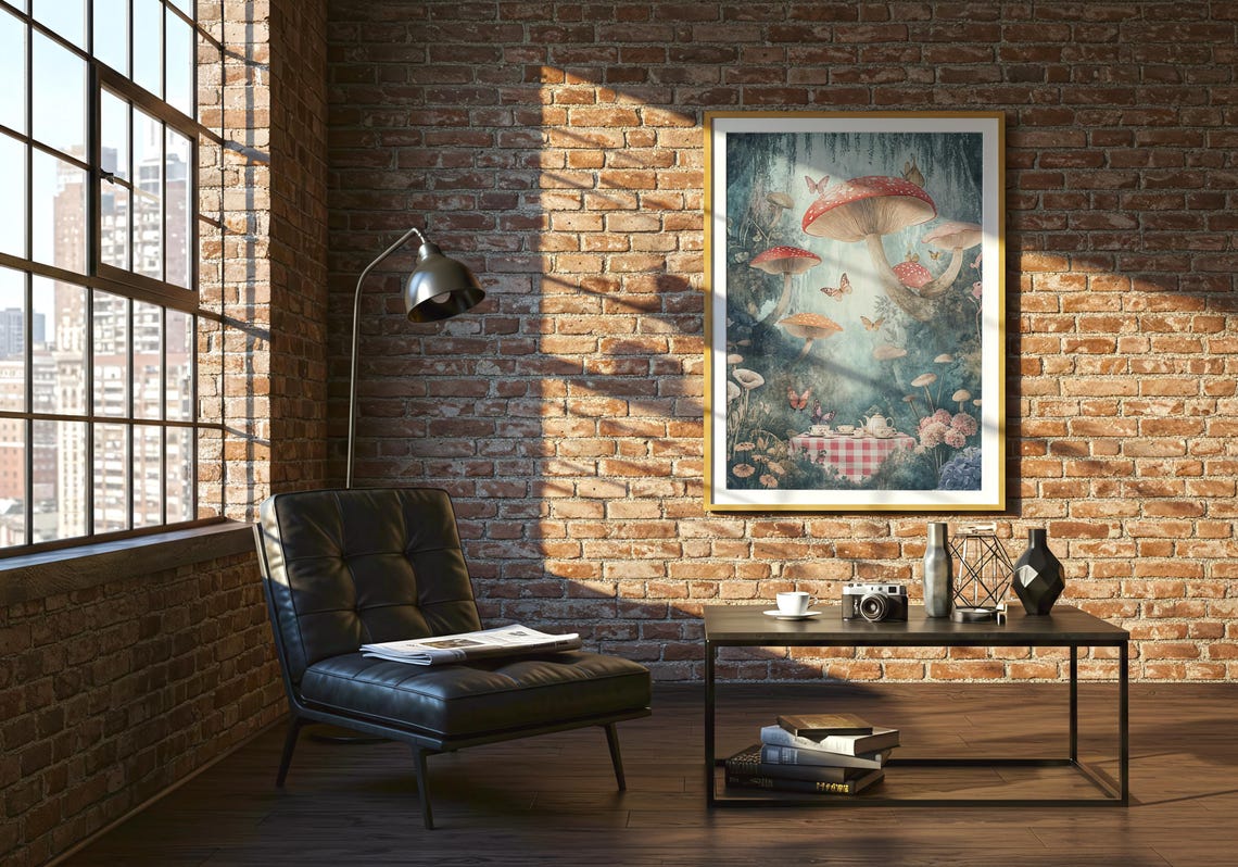 Whimsical Red Mushroom Forest Tea Party Fairy Tale Art Poster - Image 2