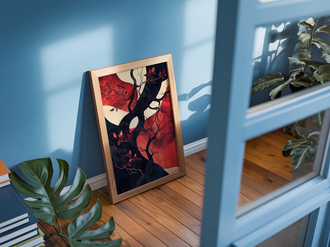 Red Moon Dark Tree Abstract Art Print Crimson Botanical Painting - Image 3