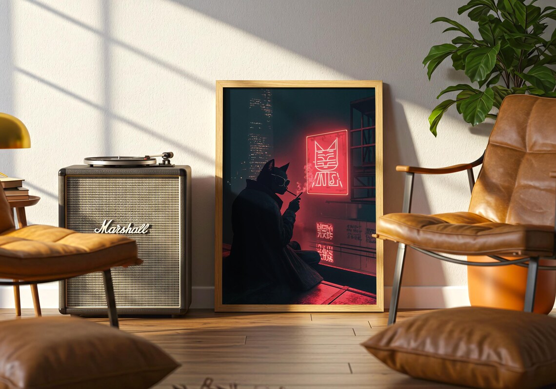 Cyber Noir Cat Detective Neon Sign Red Street Cool Feline Art Poster - Image 5