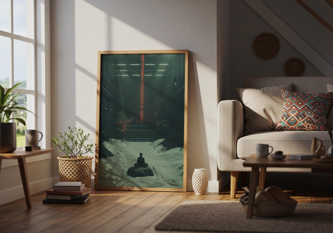 Meditating Figure Urban Zen Alley Neon Red Light Calm Mindful Poster - Image 5