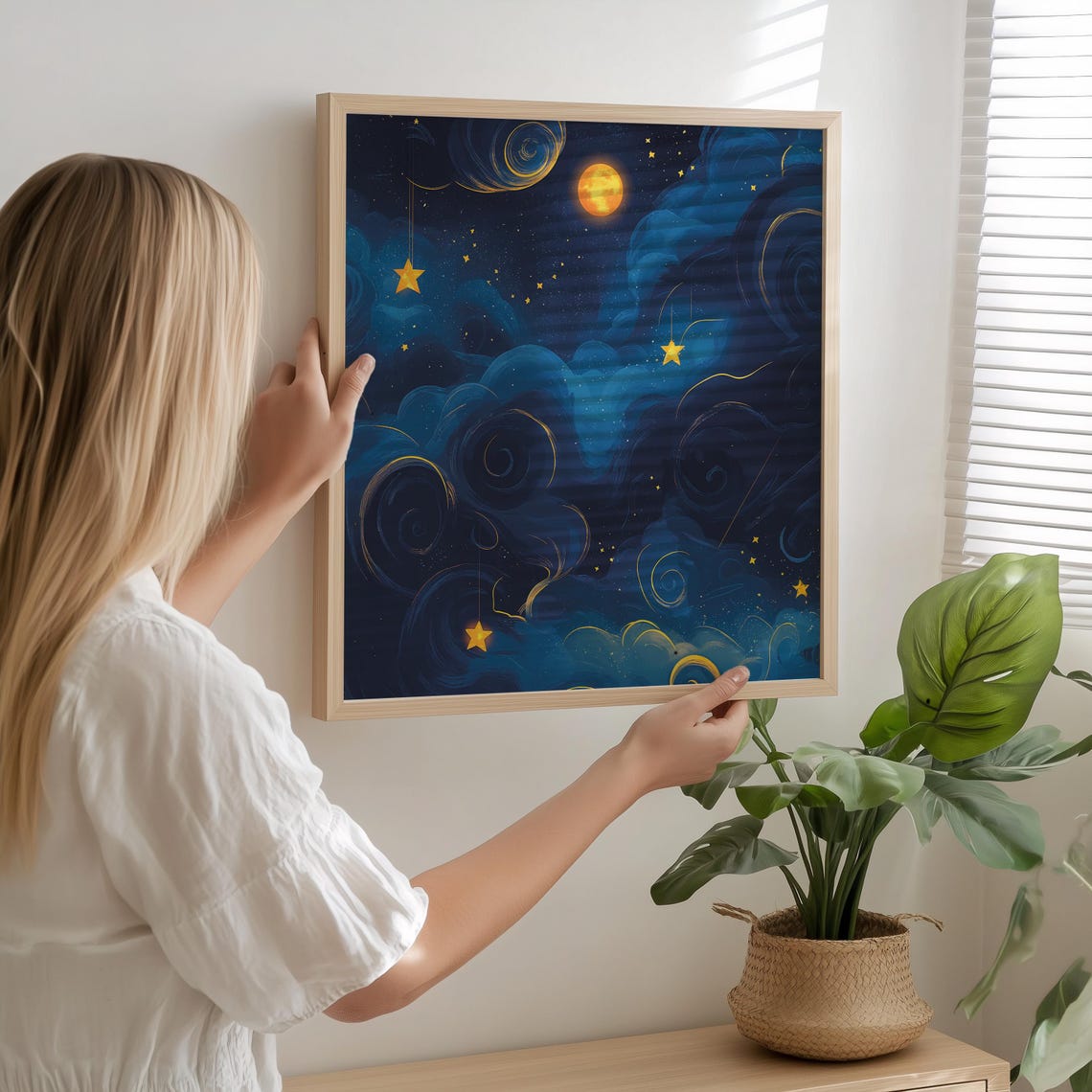 Dreamy Night Sky Hanging Stars Full Moon Whimsical Celestial Poster - Image 2