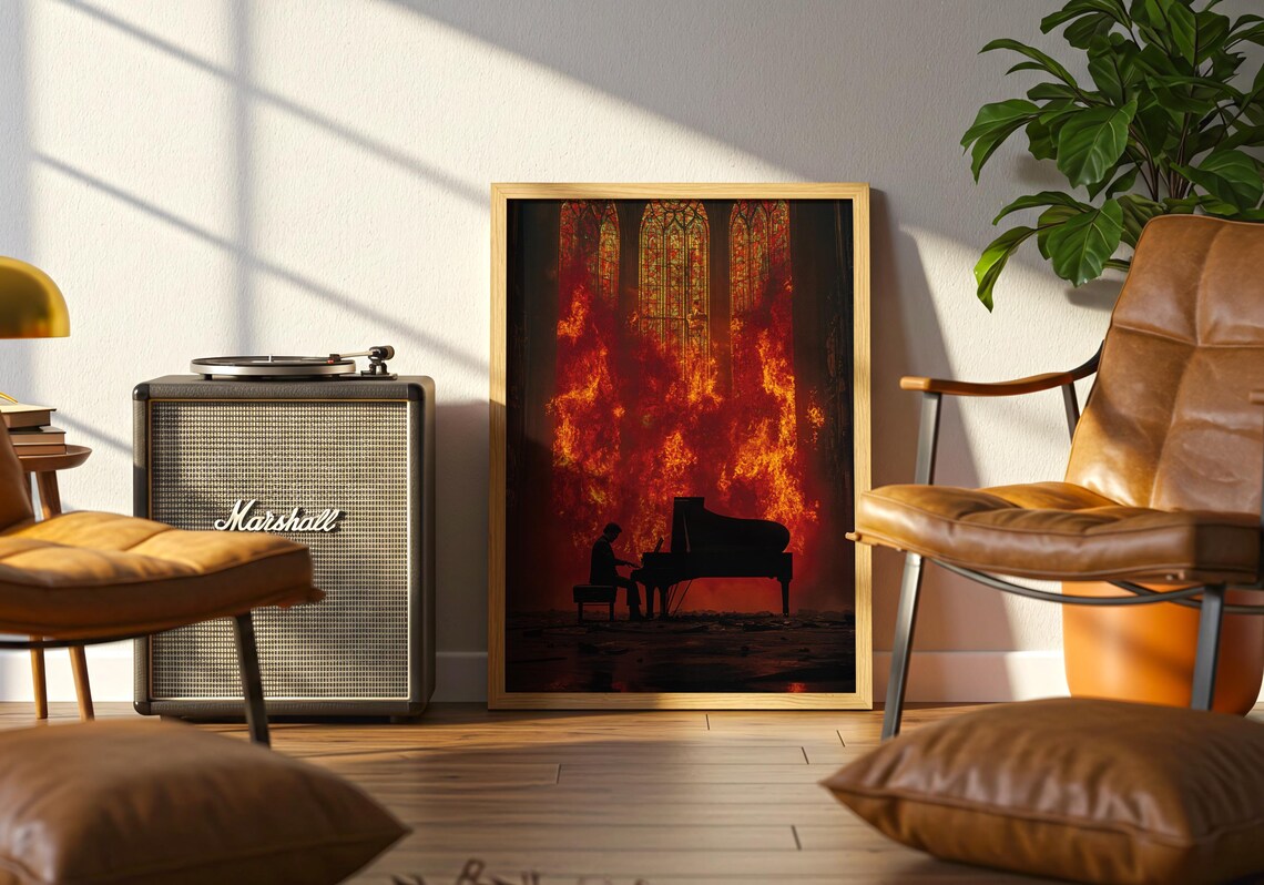 Piano In Inferno Art Print, Gothic Fire Scene - Image 5