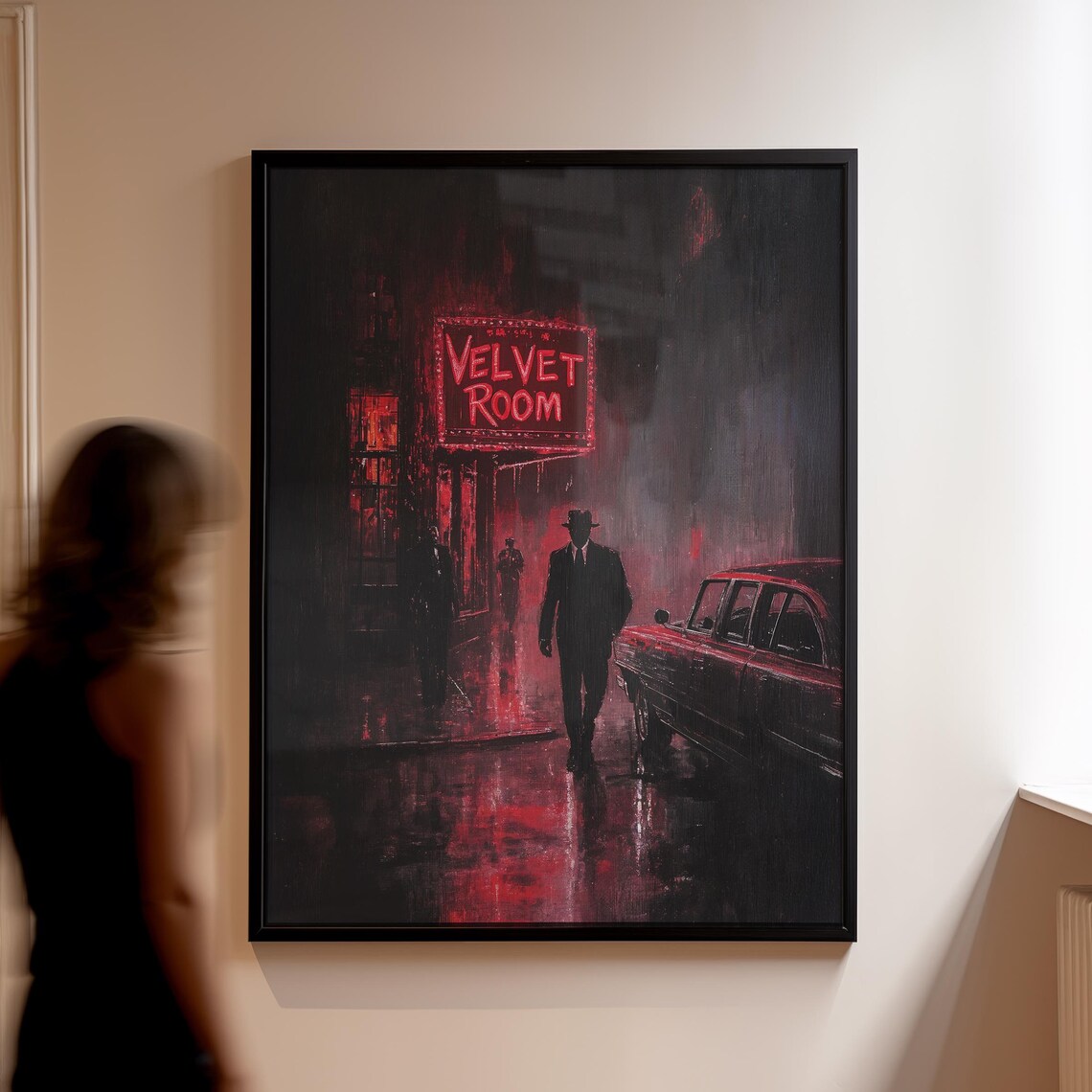 Velvet Room Neon Sign Noir Detective Rainy Street Scene Poster