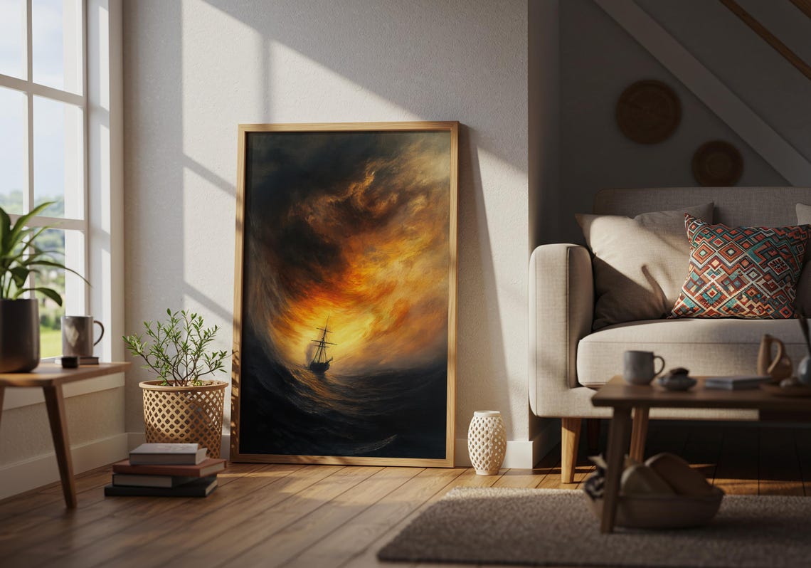 Tall Ship Sailing Through a Fiery Stormy Ocean at Dusk Poster - Image 3