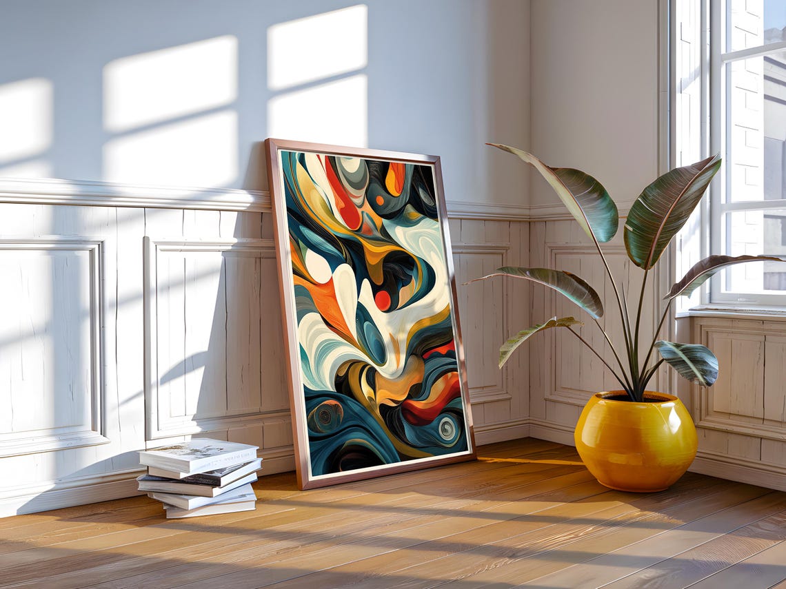 Ebru Marbled Swirl Abstract Teal Orange Fluid Painting Art Poster - Image 2