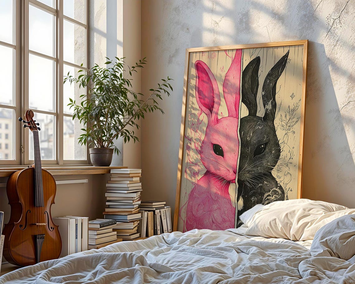 Split Pink Black Rabbit Zipper Surreal Duality Bunny Art Poster - Image 3
