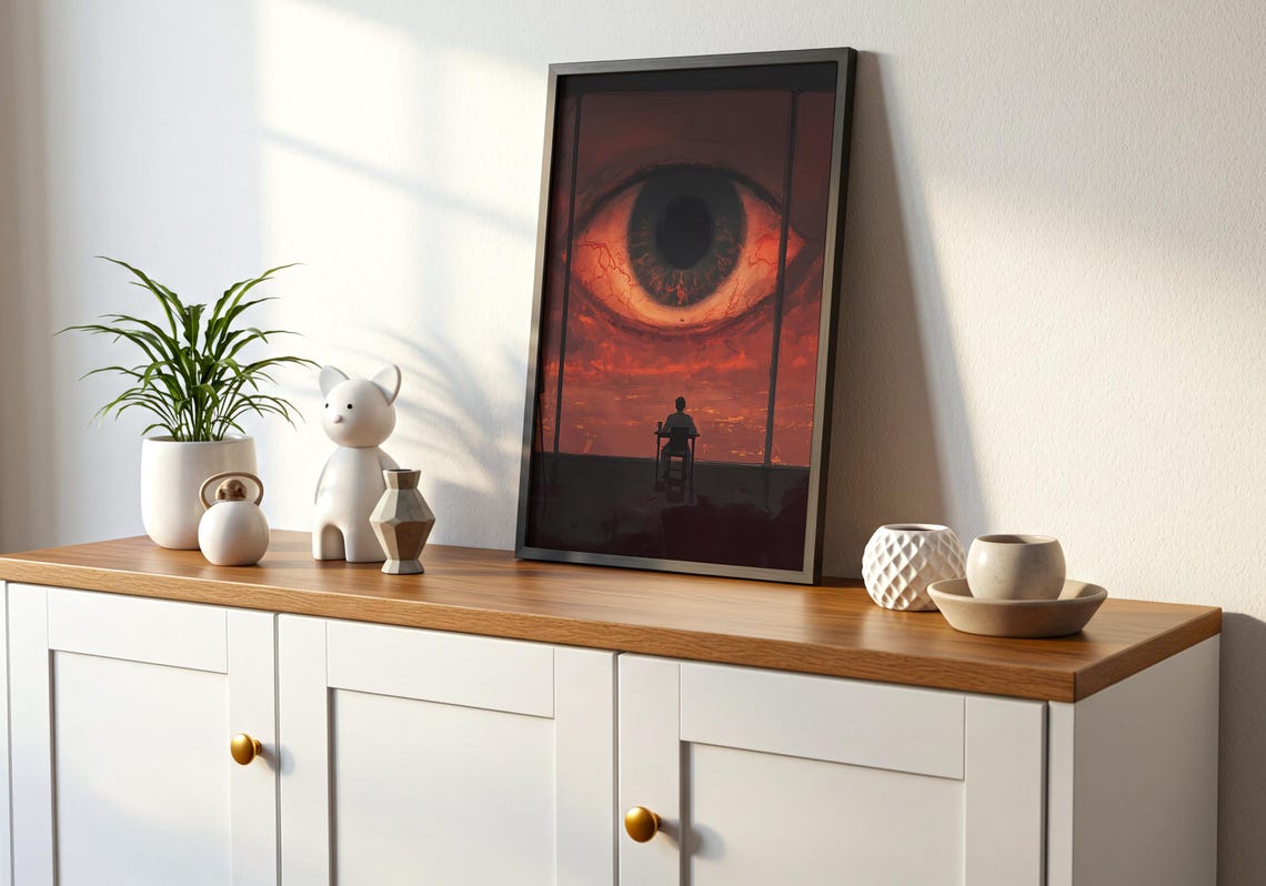 Giant Cosmic Eye Watching Tiny Figure Dark Red Surreal Gaze Poster - Image 2