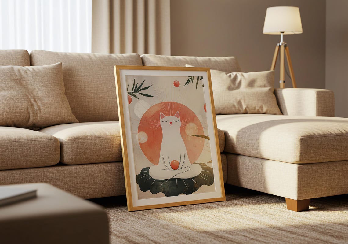 White Cat in Lotus Meditation Pose with Red Sun and Leaves Art Poster - Image 5