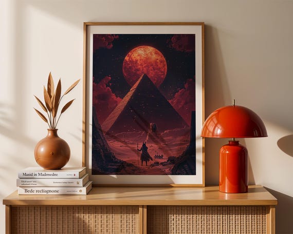 Ancient Pyramid Art Print Blood Moon Over Egypt Mythology Wall Decor