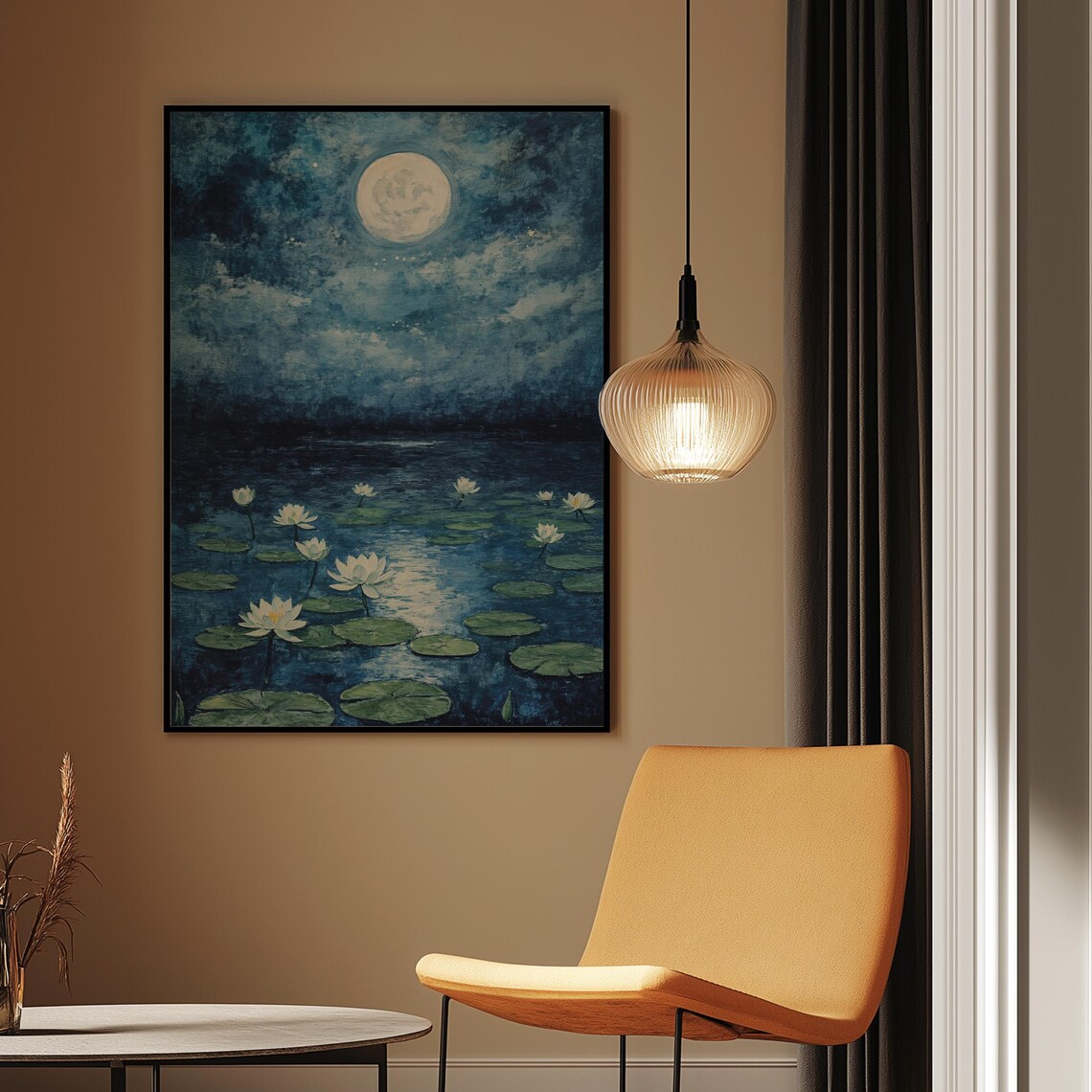 Moonlit Water Lily Lake Art Print Full Moon Night Lotus Painting - Image 2