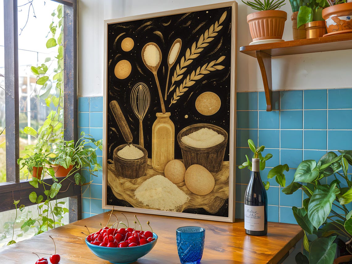Golden Wheat Flour Baking Still Life on Black Kitchen Art Poster - Image 3