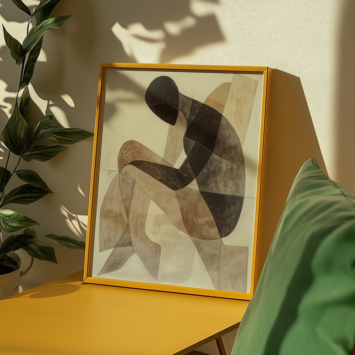 Cubist Figure In Thought Neutral Beige Abstract Seated Form Art Poster - Image 2