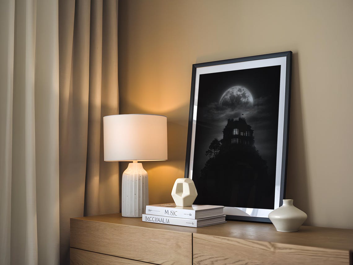 Haunted Victorian House Full Moon Black and White Gothic Poster - Image 5