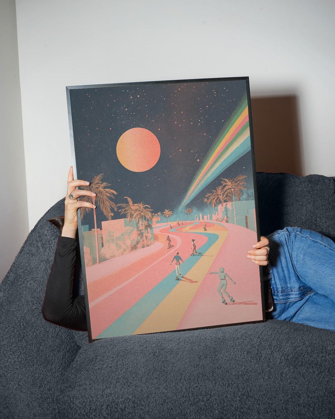 Retro Roller Skaters Pastel Sunset Dreamscape Skateboard Art Poster