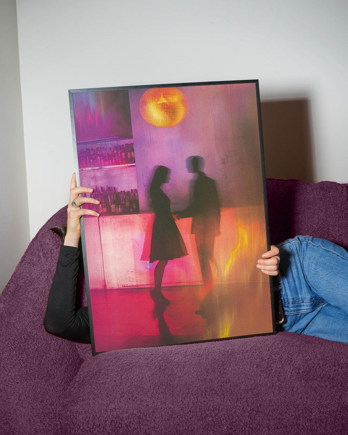 Neon Bar Couple Silhouette Disco Ball Nightlife Romance Art Poster