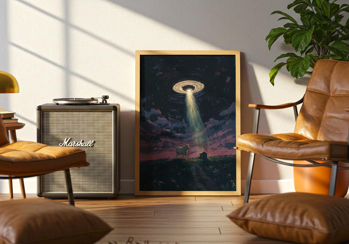 UFO Abduction Cow Night Field Surreal Alien Encounter Poster - Image 5