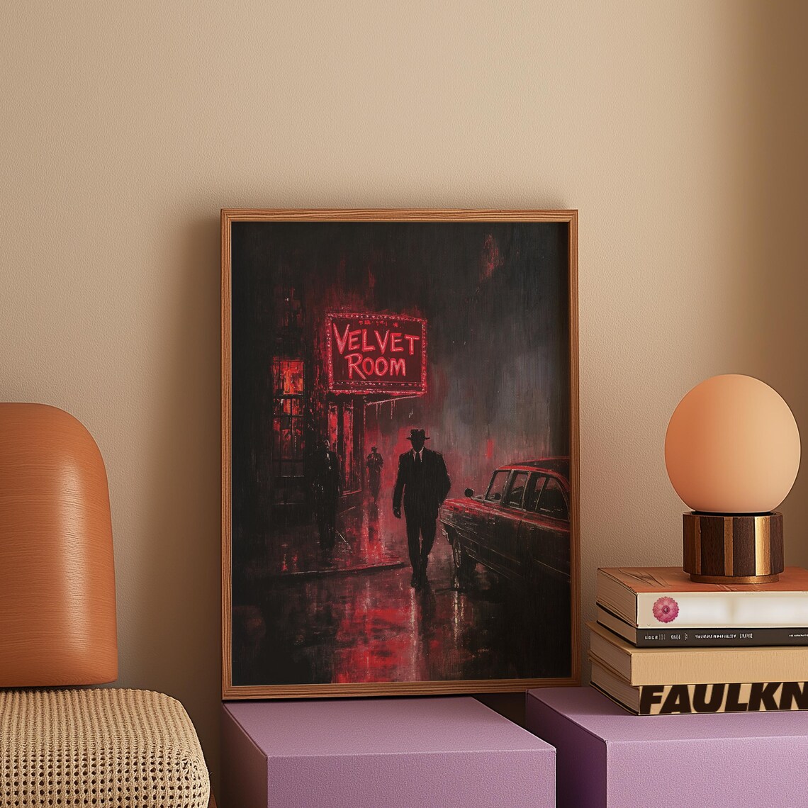 Velvet Room Neon Sign Noir Detective Rainy Street Scene Poster - Image 2