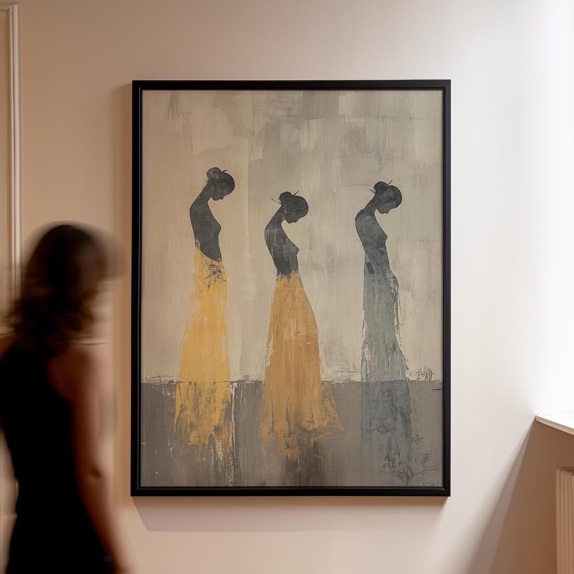 Three Elegant Female Silhouettes in Gold and Grey Minimal Art Poster