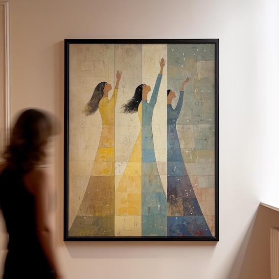 Three Women in Long Dresses Reaching Toward the Sky Painting Poster