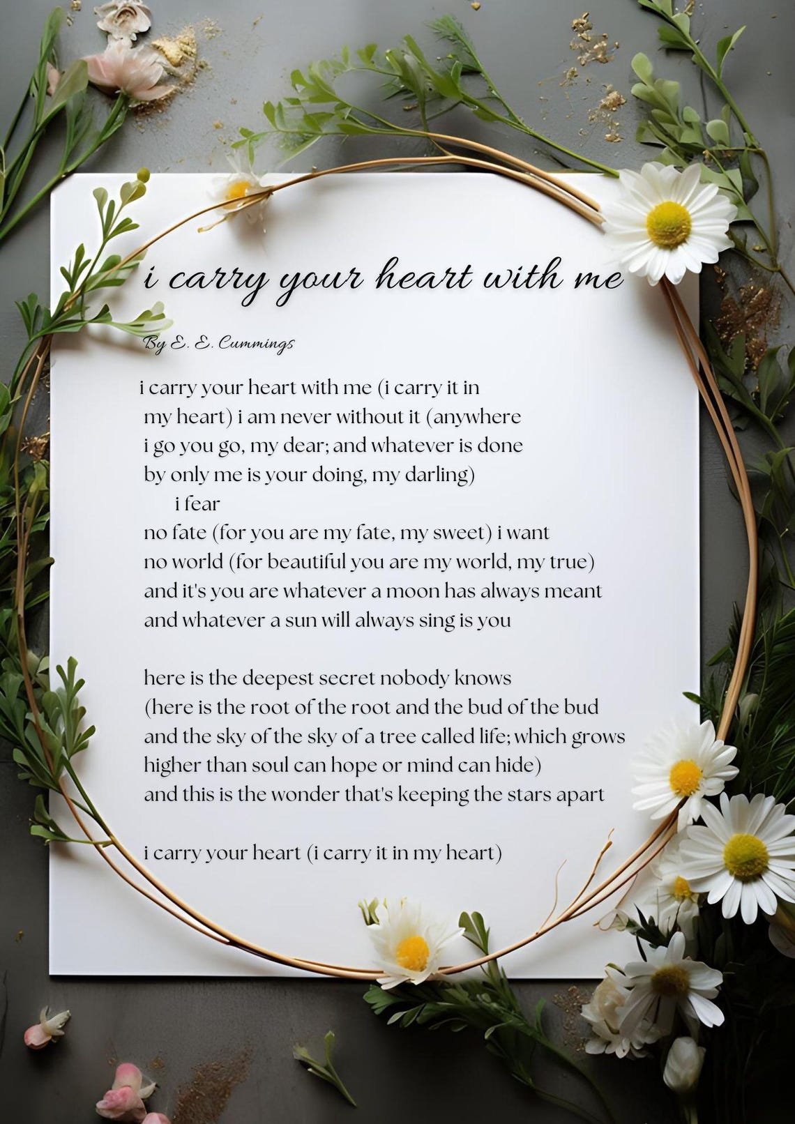 E E Cummings I Carry Your Heart Poem Floral Love Poetry Wall Art Print