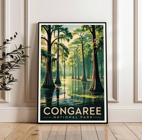 Congaree National Park Cypress Swamp Sunset Retro Travel Poster
