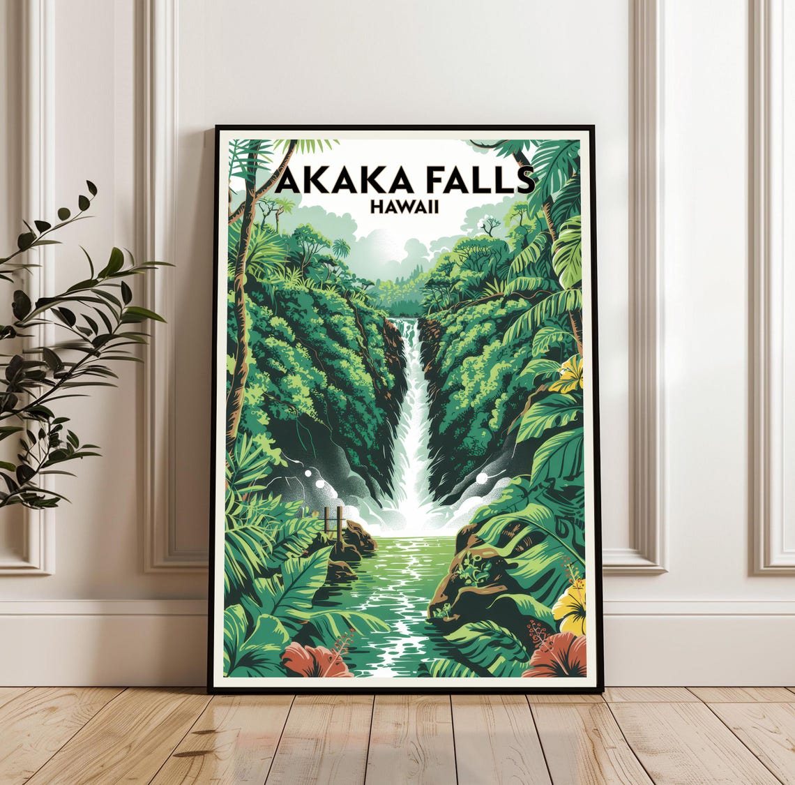 Akaka Falls Hawaii Lush Jungle Waterfall Cascading Travel Poster