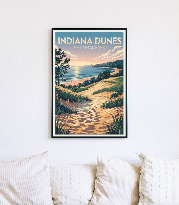 Indiana Dunes National Park Beach Sunset Vintage Travel Poster