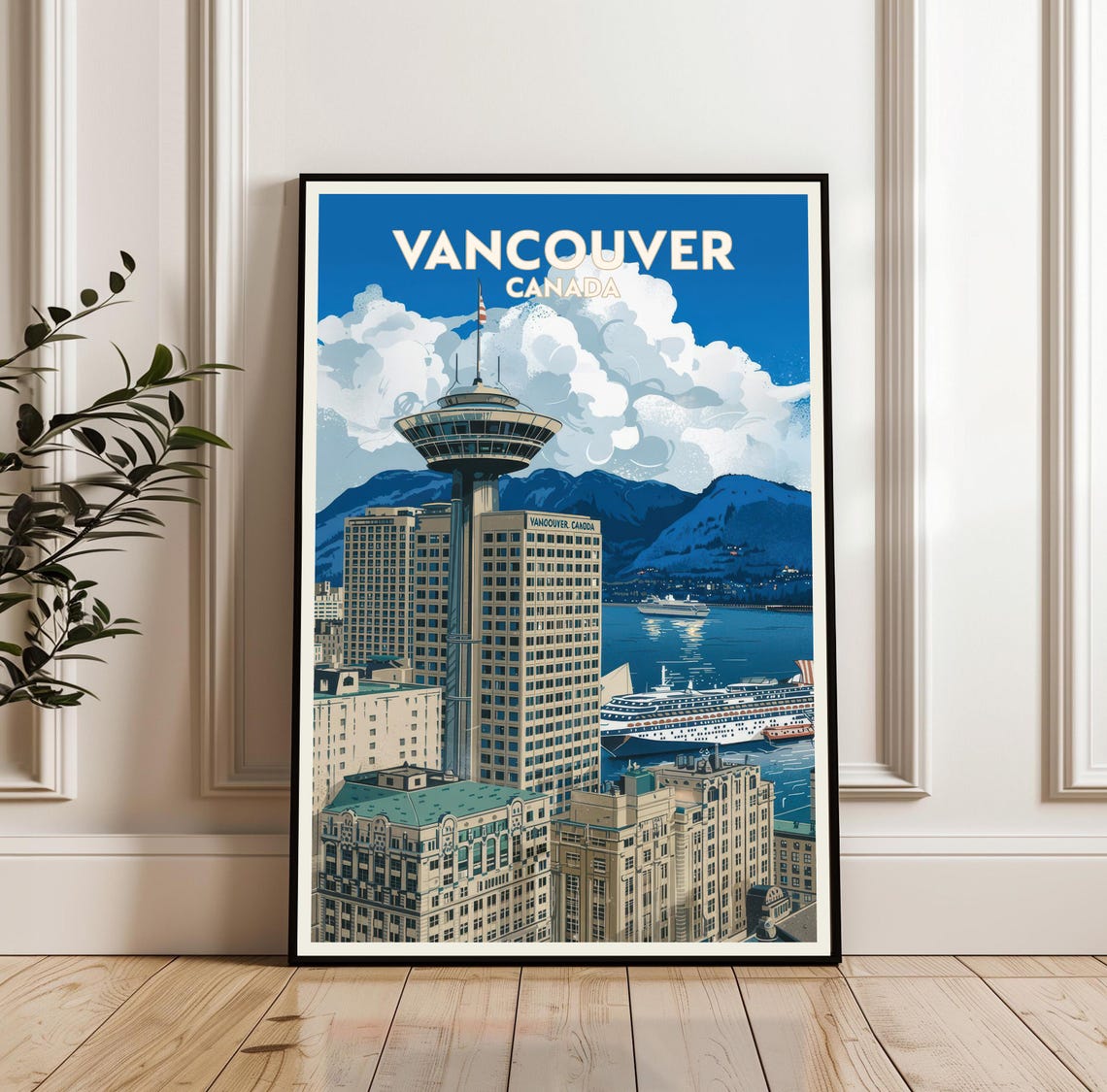 Vancouver Canada Travel Poster of Harbour Skyline and Cruise Ship