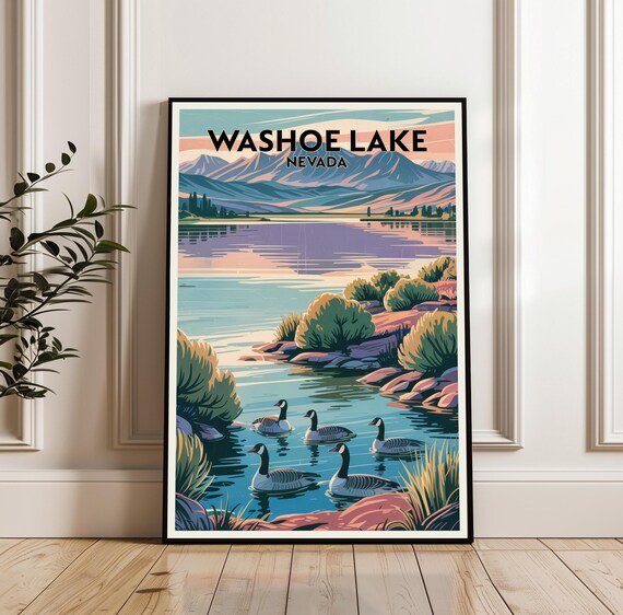 Washoe Lake Nevada Vintage Travel Geese Shoreline Sunset Poster