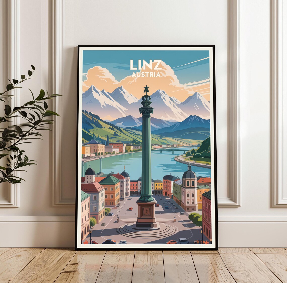 Linz Austria Retro Cityscape Travel Poster Danube River Landmark Art