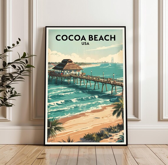 Cocoa Beach USA Vintage Pier Travel Poster Florida Art Poster