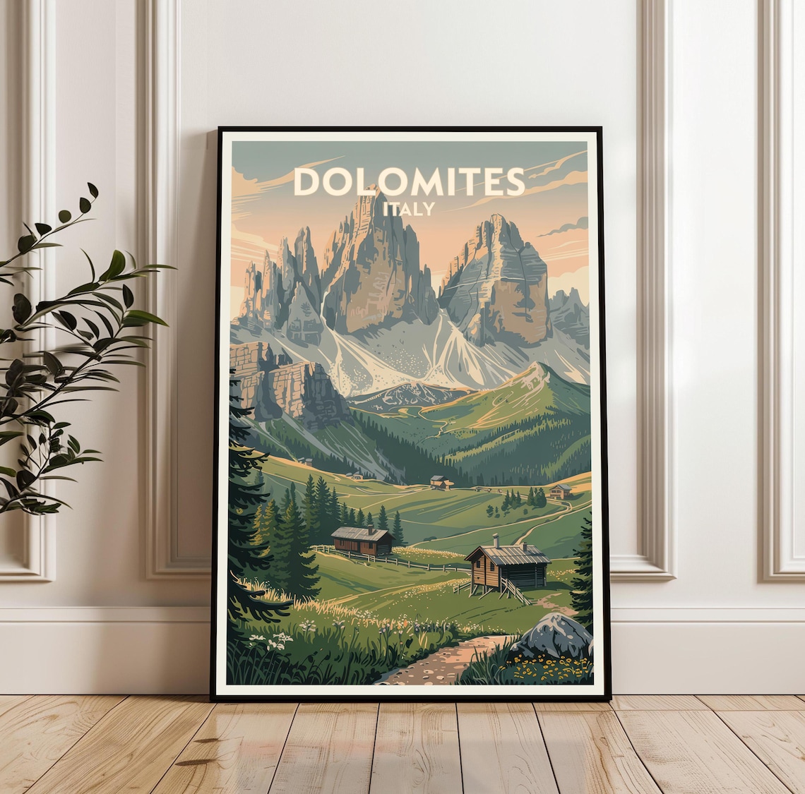 Dolomites Italy Alpine Peaks Green Valley Mountain Travel Poster