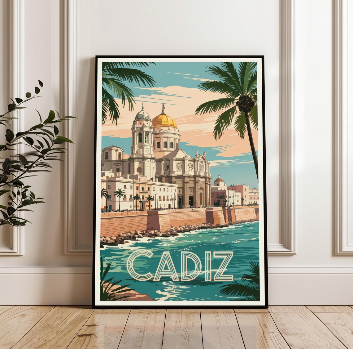 Cadiz Spain Cathedral Golden Dome Palms Seaside Vintage Travel Poster