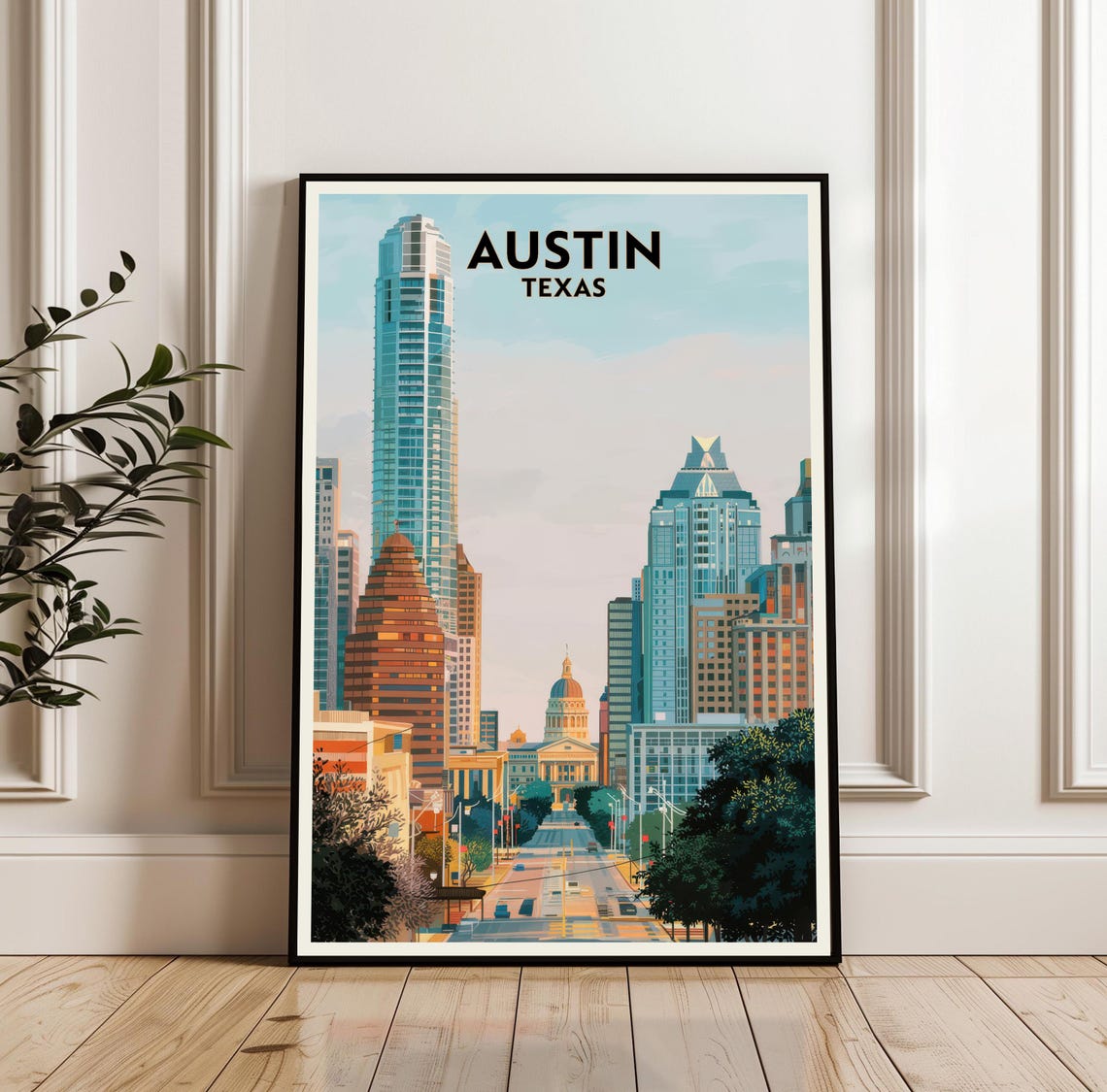 Austin Texas Downtown Skyline Capitol Congress Avenue Travel Poster