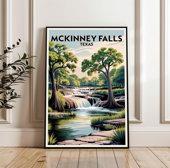 McKinney Falls Texas Waterfalls Vintage Travel Poster Nature View