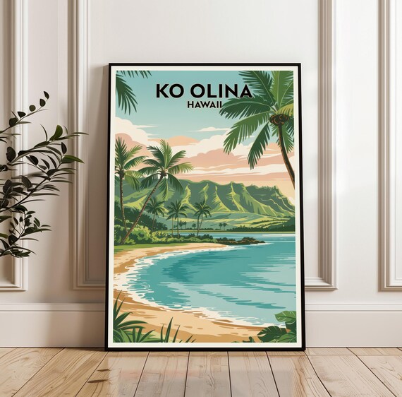 Ko Olina Hawaii Beach Palm Trees Vintage Travel Poster Tropical View