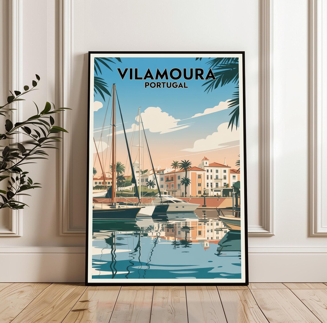 Vilamoura Portugal Vintage Travel Poster Marina Sailboats Bay View