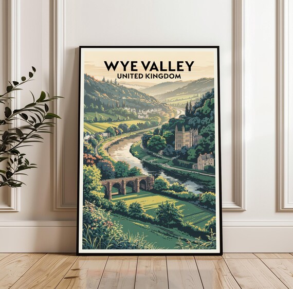 Wye Valley United Kingdom Travel Poster of River Viaduct and Hills