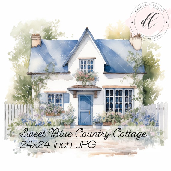 Sweet Blue Country Cottage Watercolor Jpg Art Print Wall Art Commercial Use Pod High Resolution Stationery Diy Card