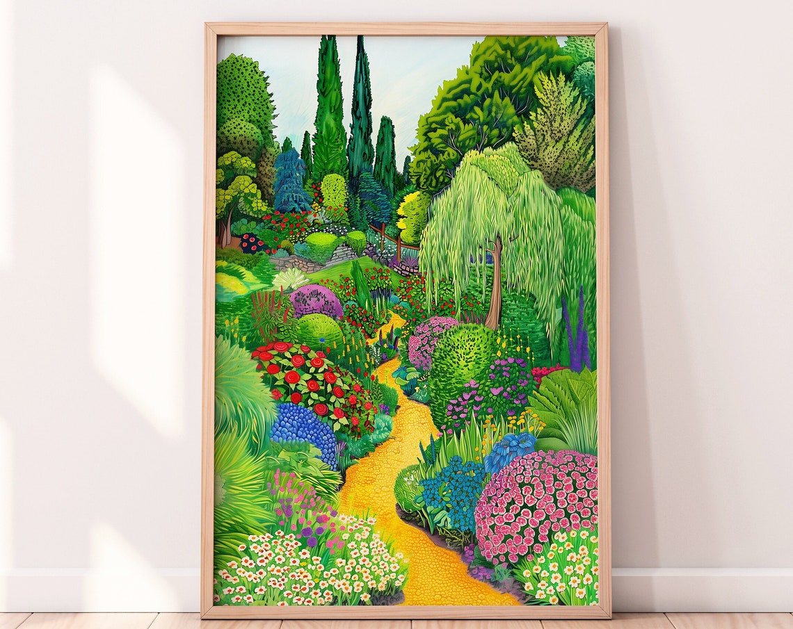 Lush Flower Garden Path With Weeping Willow Botanical Art Print - Image 2