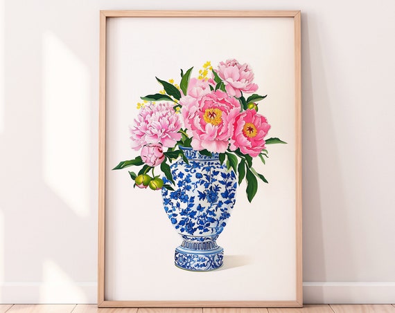 Pink Peonies in Ginger Jar, Blue-White Pottery