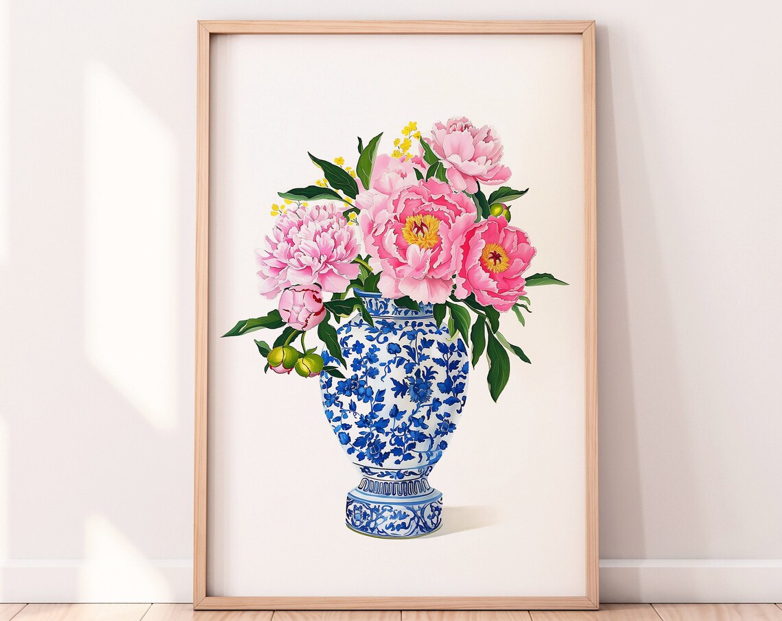 Pink Peonies in Ginger Jar, Blue-White Pottery