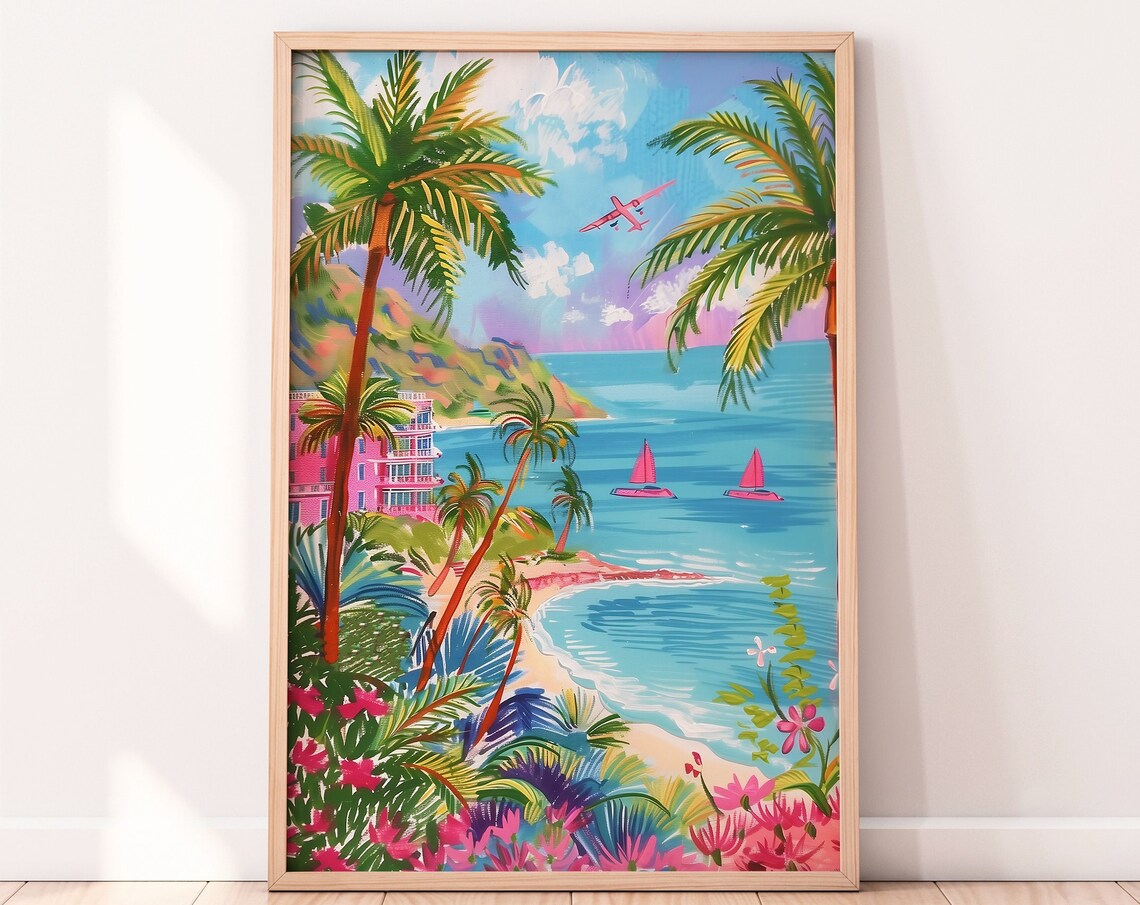 Tropical Palm Beach With Pink Sailboats And Hotel Building Art Print