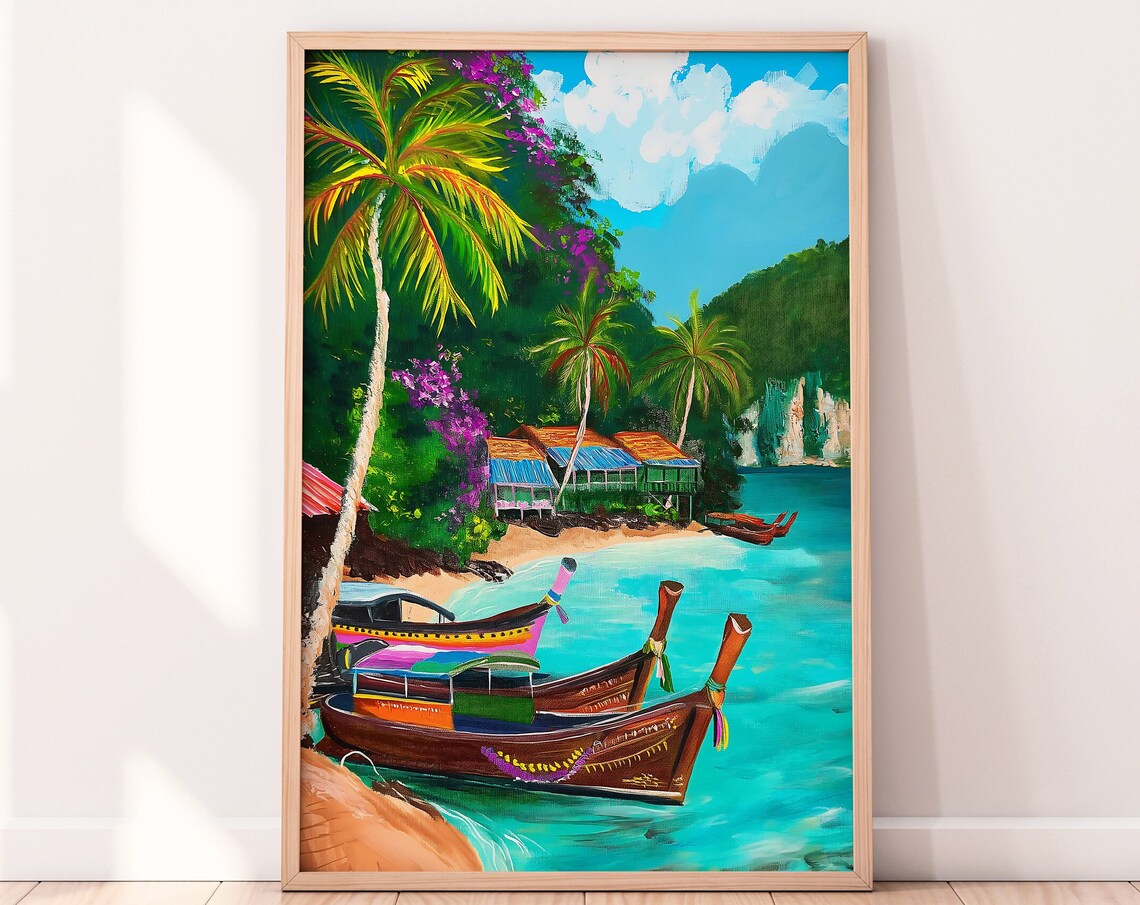 Phi Phi Islands Thailand Longtail Boats Stilt Huts Beach Poster