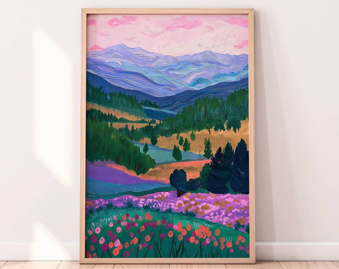 Mountain Fields Purple Peaks Poppy Meadow Landscape Wall Art