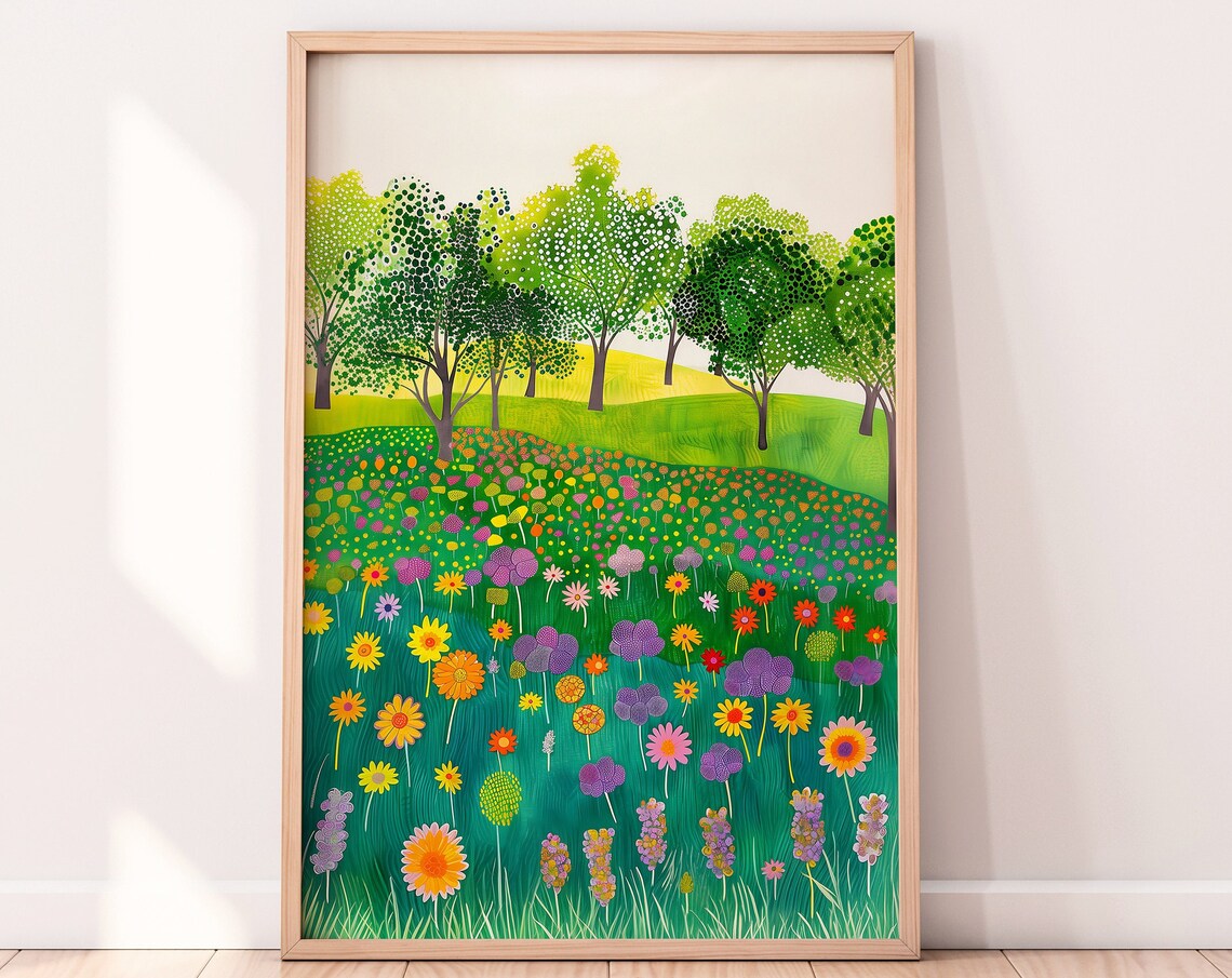 Pointillist Wildflower Meadow Green Trees Colorful Field Art Print - Image 2