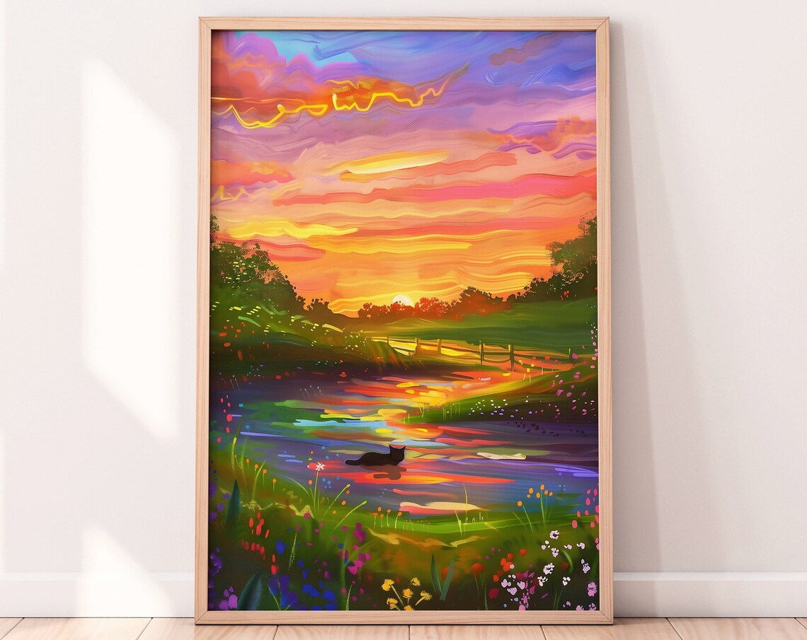 Vibrant Sunset Over A Winding Country River Pastel Sky Print