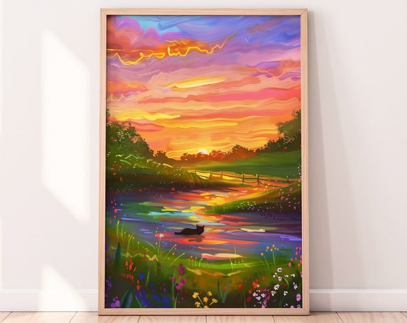 Sunset In The Countryside Colorful Wall Art Bright Vibrant Print